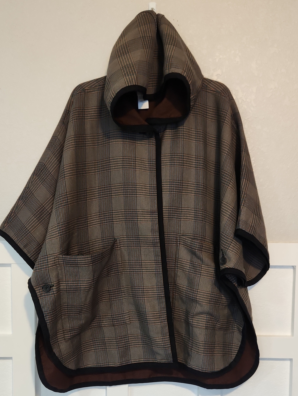 CAbi Blue Plaid Hooded Poncho with Black Trim